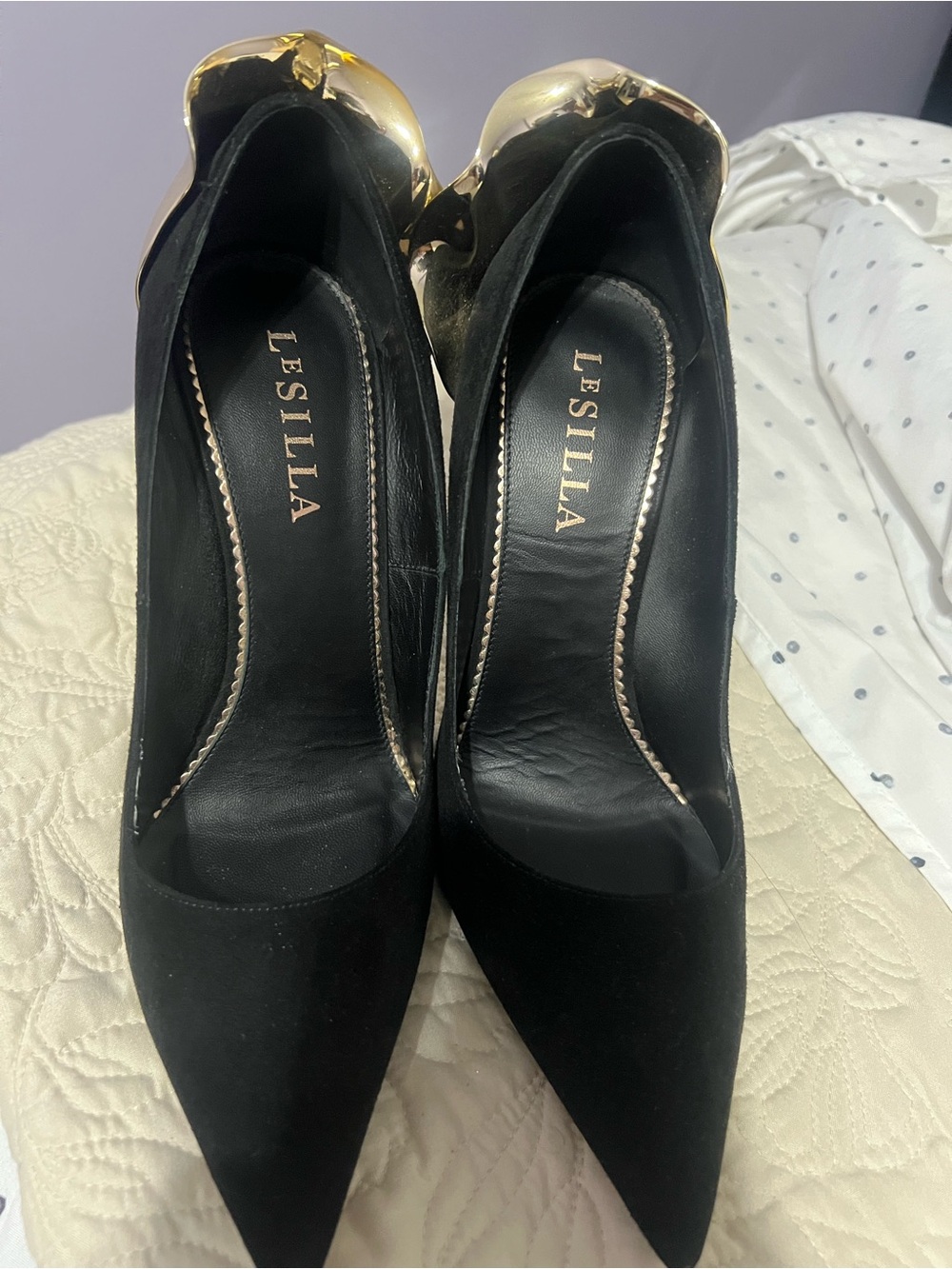 Women's Black Pointed-Toe Heels with Gold Sculptural Accent